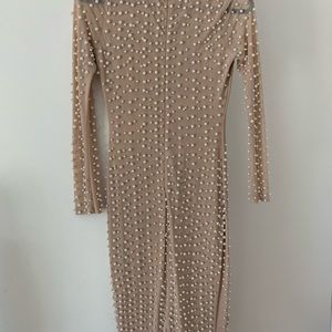 Pearl embellished nude dress